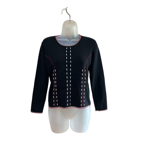 Vintage 90s Retro Carducci Black Long Sleeve Sweater W/ White Dotted & Red Trim - Picture 2 of 6